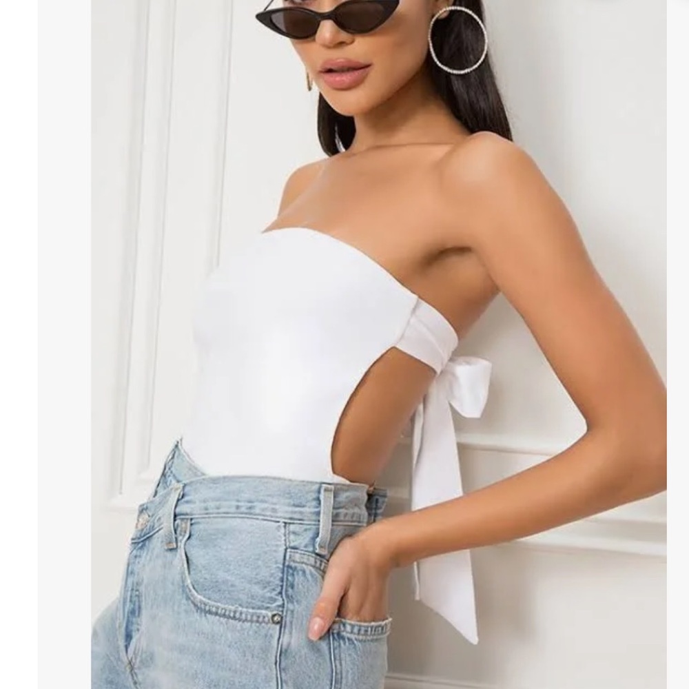 superdown White Strapless Side-Tie Bodysuit